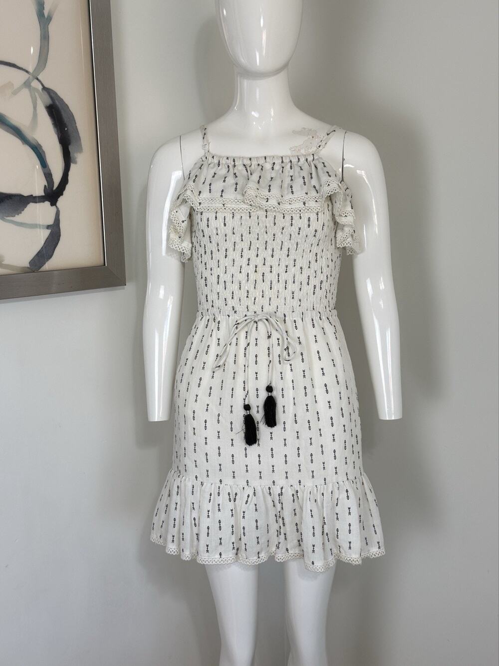 Lost + Wander White Smocked Boho Mini Dress Tassel Ruffle Summer Sundress Size S